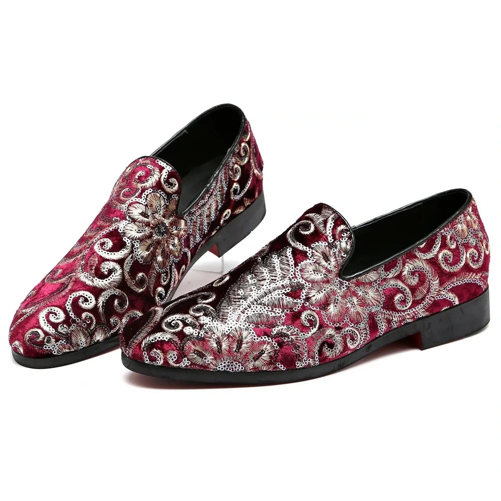 Santimon‎ Men's US 12 Red Velvet Silver Stitching Smoking Loafers Dress Shoes